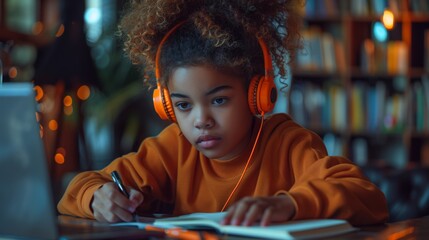 Obraz premium Young girl with curly hair wearing orange headphones studying at a desk