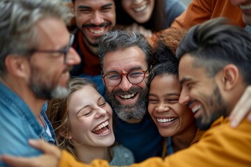 Obraz premium The image depicts a close-knit group of racially diverse friends hugging together, expressing unity and affection
