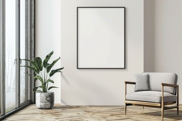 A chair and a plant stand in a minimalist room with an empty picture frame on the wall