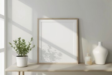 A picture frame sits on a shelf alongside a potted plant in a minimalist interior setting