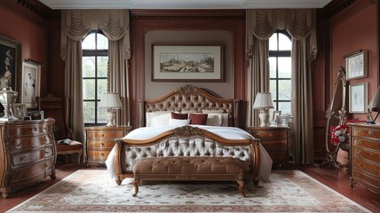 Indulge in the timeless beauty of a classic American bedroom, adorned with traditional furniture pieces, elegant detailing, and a touch of nostalgia
