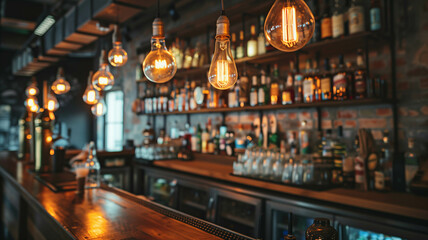 Obraz premium vintage-inspired bar with Edison light bulbs hanging in a diagonal formation behind the counter, creating a warm, inviting atmosphere