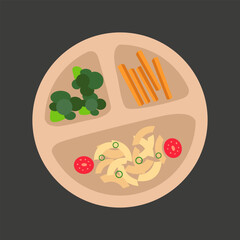 Kids Dinner Time. Kids plate, a pacifier for children, a bottle for water and milk, fork, spoon silicone dishware for baby, food for little baby vector. First baby food concept, serving food for kids