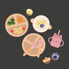 Kids Dinner Time. Kids plate, a pacifier for children, a bottle for water and milk, fork, spoon silicone dishware for baby, food for little baby vector. First baby food concept, serving food for kids