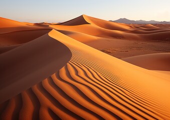 A panoramic view of golden sand dunes in the desert at sunrise