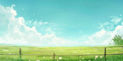 Fototapeta premium Dreamy Meadow with Wildflowers Under a Blue Sky - Generative AI