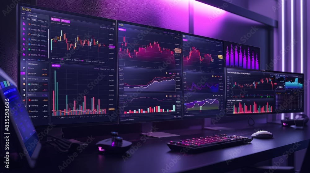 Poster a desk with three monitors displaying digital content, a keyboard placed in front, set up for work o