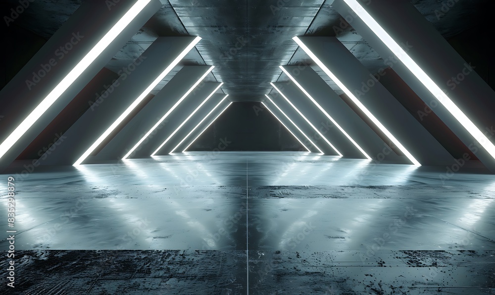 Poster futuristic sci fi triangle white neon tube lights glowing in concrete floor room with refelctions em