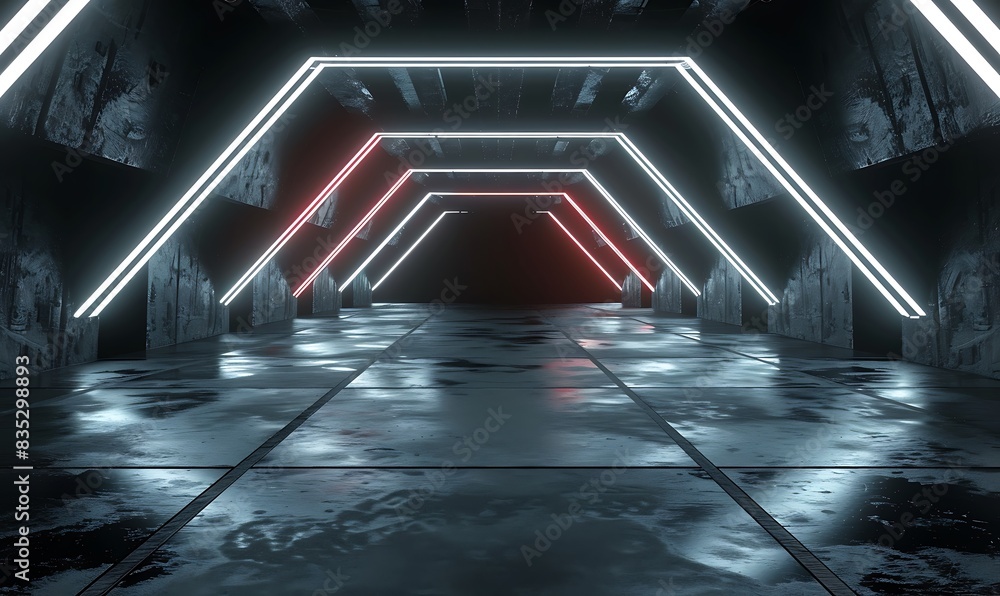 Poster futuristic sci fi triangle white neon tube lights glowing in concrete floor room with refelctions em