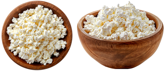 White cottage cheese in a wooden bowl, side and top view, isolated on a transparent background