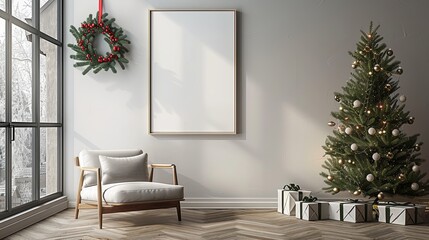 Vertical ISO A2 Frame Mockup in Modern Scandinavian Bohemian Living Room. Reflective Glass Poster on Wall with Elegant and Detailed Design, Ultra HD 8K Resolution, Featuring Apartment Interior Backgro