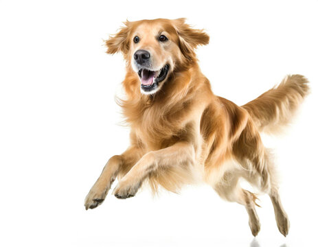 Springender golden Retriever isoliert auf wei&szlig;en Hintergrund, Freisteller portrait