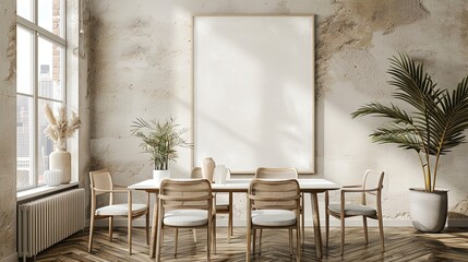 Vertical ISO A2 Frame Mockup in Modern Scandinavian Bohemian Living Room. Reflective Glass Poster on Wall with Elegant and Detailed Design, Ultra HD 8K Resolution, Featuring Apartment Interior Backgro