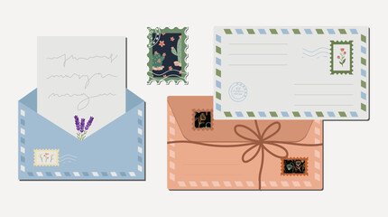 Set of letters, Postcards, Postage Stamps, Craft Paper Letters . Vector illustration 