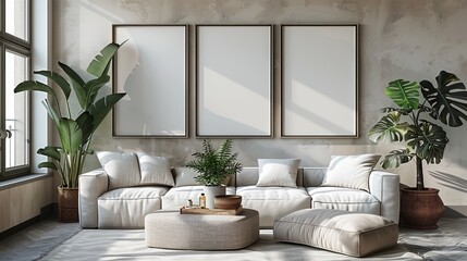 Vertical ISO A2 Frame Mockup in Modern Scandinavian Bohemian Living Room. Reflective Glass Poster on Wall with Elegant and Detailed Design, Ultra HD 8K Resolution, Featuring Apartment Interior Backgro
