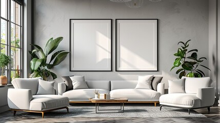 Vertical ISO A2 Frame Mockup in Modern Scandinavian Bohemian Living Room. Reflective Glass Poster on Wall with Elegant and Detailed Design, Ultra HD 8K Resolution, Featuring Apartment Interior Backgro