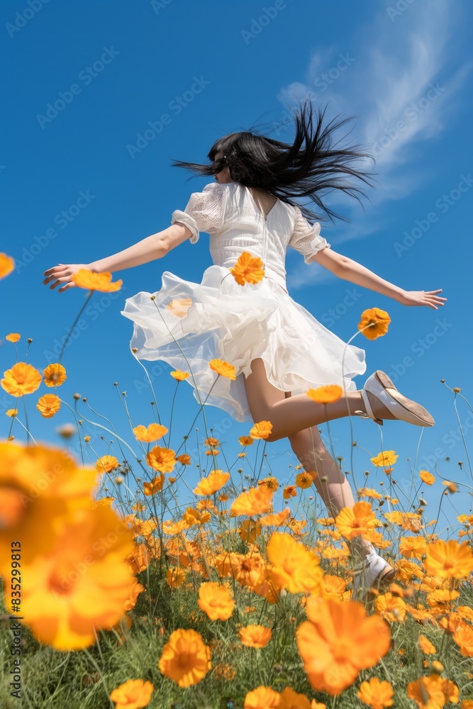 Canvas Prints a young woman jumping in a field of flowers