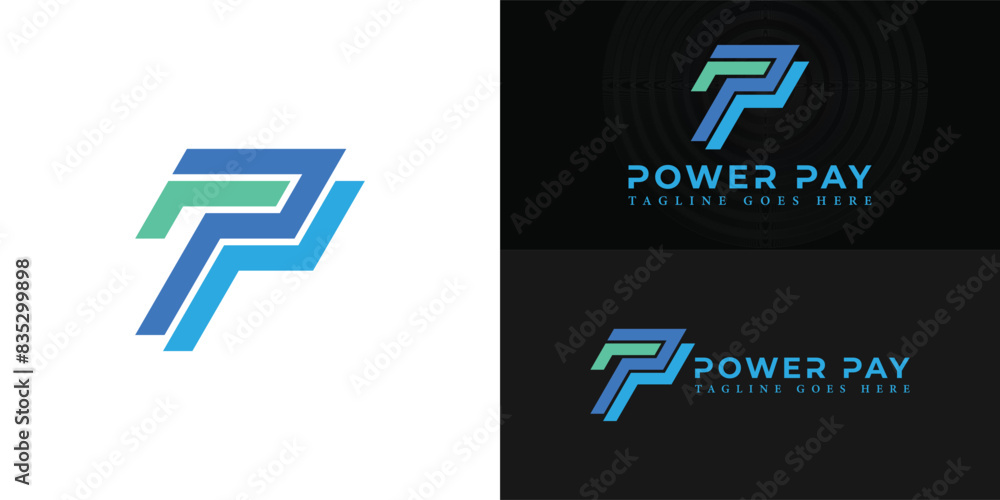 Poster abstract initial lines letter p or pp logo in blue color isolated on multiple background colors. the