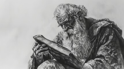 prophet Moses, charcoal pencil drawing, white grey background, 16:9