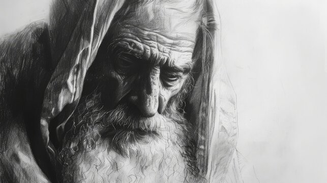 prophet Isaiah, bible, Charcoal pencil drawing, white background, 16:9