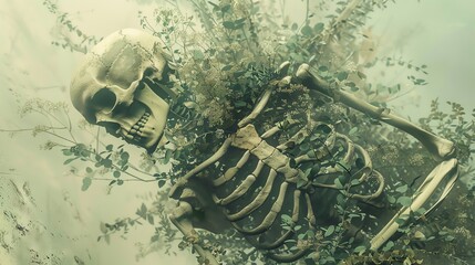 The eerie remains of a long-dead skeleton, overgrown with vines and moss, lie in a state of eternal rest.