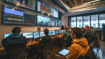 A group of individuals sitting together in front of computer monitors, engaged in various tasks and activities.