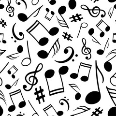 Musical notes, melody signs and symbols arranged in elegant monochrome vector seamless pattern. Clef signs and musical notes on a white backdrop for use in graphic and fabric design.