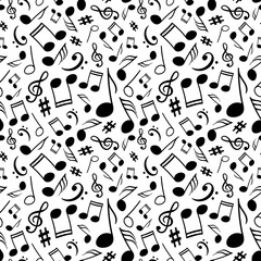 Musical notes, melody signs and symbols arranged in elegant monochrome seamless pattern. Clef signs and musical notes on a white backdrop for use in graphic and fabric design.