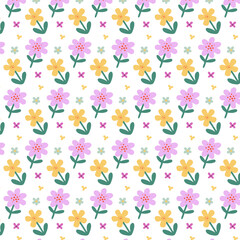 Floral regular seamless pattern. Yellow and violet flowers repeat on white background. Cute childish nature design in cartoon flat style for cover, print. Vector illustration.