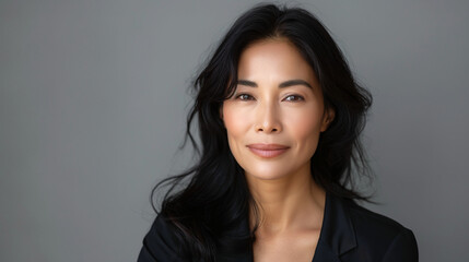 Fototapeta premium Confident mature Asian woman with a radiant smile, showcasing natural beauty and professional elegance