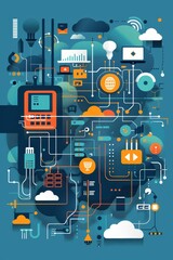 Modern Technology Concept: Laptop, hands and hologram for global network or social media connectivity