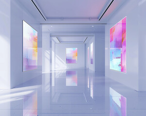 Contemporary Avant Art Gallery mockup showcasing bold glitch art in a clean, minimalist environment, celebrating digital imperfections and artistic innovation,