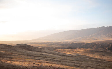 Autumn landscape of vast plains in China. Breathtaking, amazing, endless desert mountain landscapes...