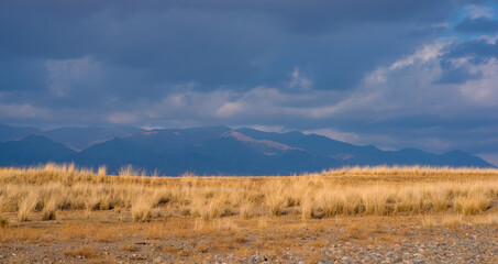 Landscape of the Tibetan Plateau. An amazing view of a desolate plain with dry grass in the foreground and mountains in the distance under storm sky.