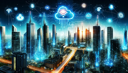 Advanced Smart Cityscape: High-Speed Internet, 5G Networks, and Financial Services Integration