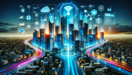 Futuristic Smart City: High-Tech Urban Landscape with 5G, Cloud Computing, and Financial Connectivity