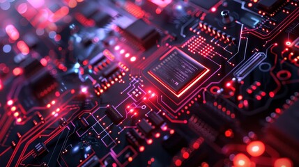 Modern Technology Concept: Motherboard integrated circuit and tech icons illustration. Futuristic background