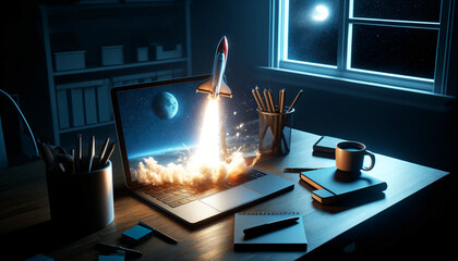 Rocket Launching from Laptop: Inspiring Technology and Innovation Imagery for Creative Projects