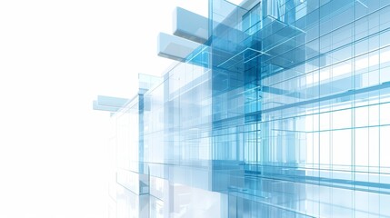 Fototapeta premium 3D illustration of a business center featuring a blurred glass facade and blue-tinted windows, contemporary and abstract, isolated on white background, copy space