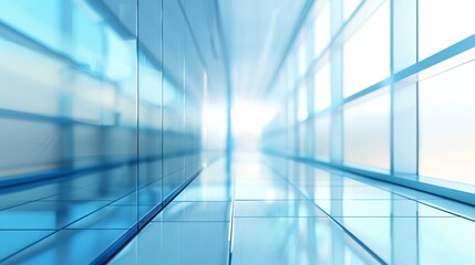 Obraz premium Abstract 3D rendering of a business center, highlighting a blurred glass facade with blue-tinted windows, futuristic design, isolated on white background, copy space