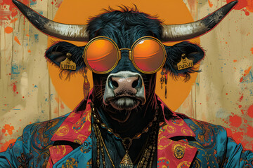 Retro Buffalo in Bold Jacket and Sunglasses Illustration