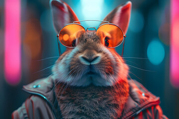 Neon Rabbit or Bunny in Urban Lights Illustration