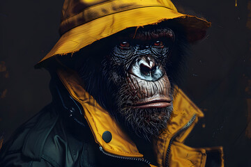 Moody Chimpanzee in Rain Gear Illustration