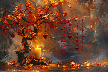 Design a scene where a candle shaped like an autumn maple tree casts a warm, amber glow. Hearts in rich autumn colors--orange, gold, and crimson--hang from the branches, creating a cozy, inviting atmo