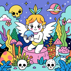 Cherub holding a skull adorned with intricate floral patterns. Use a pastel color palette and include detailed flowers like roses and lilies wrapping around the skull and cherub