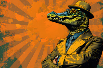 Dapper Alligator in Suit and Hat Illustration