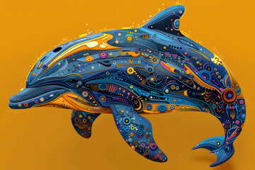 Colorful Geometric Dolphin Illustration on Yellow Background