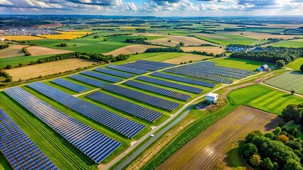 Aerial view of a photovoltaic solar farm in a rural area surrounded by fields, renewable energy, solar panels, sustainable, clean energy, eco-friendly, electricity