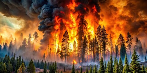 A devastating forest fire consumes trees in a natural disaster, wildfire, burning, destruction,...