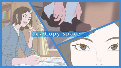 「受験当日の朝に今までの日々を思い出す受験生」_アニメ塗り,Example of copy space（コピー無しバリエーションも用意しましたが、購入者がコピーありを想定できる例）